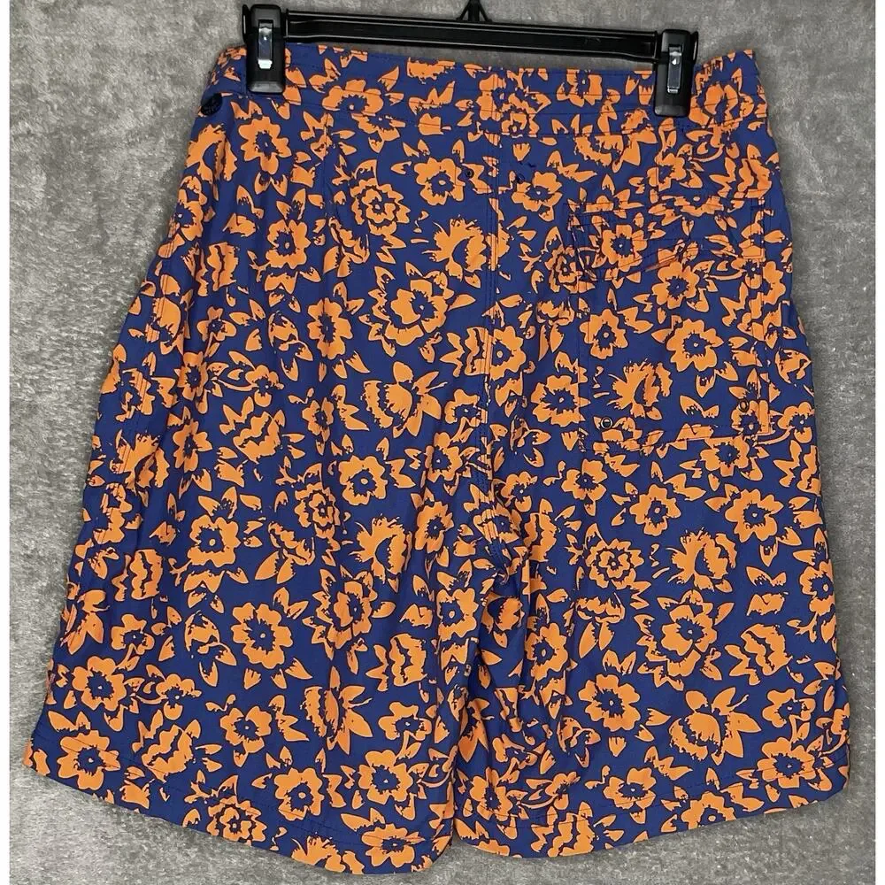 Brooks Brothers Mens Size 33 Swim Trunks Blue Orange Floral Print Hook & Loop